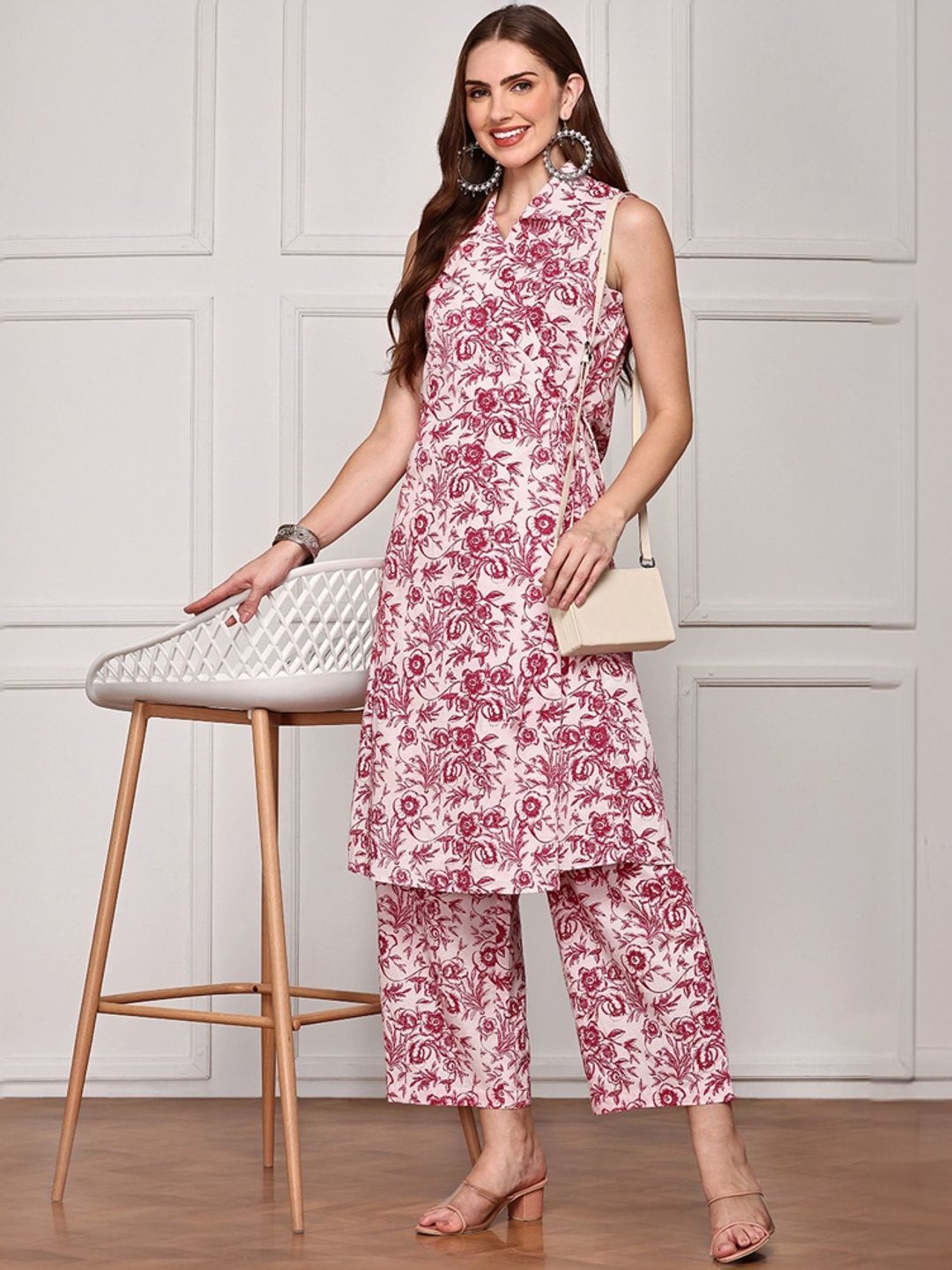 Ishin Pink Floral Print Crop Top & Pants Set with Jacket