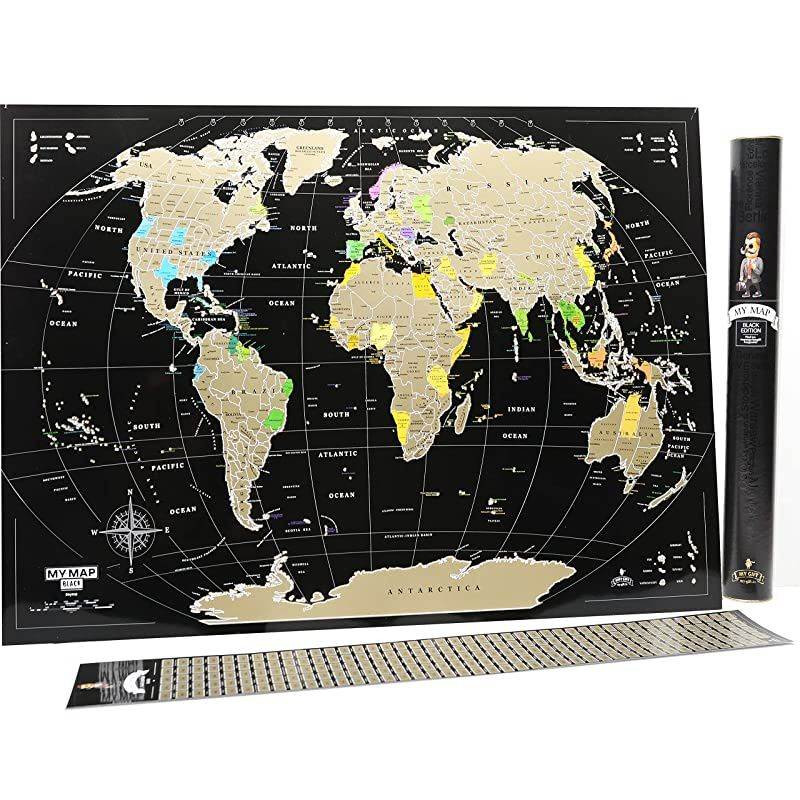 Scratch Off map 16x24 Black Gold Detailed USA States Deluxe Tracker Pin World Map  Travel map Wall Poster Push pin map Includes Pins Tube Poster Map to Scratch Wall Decor Birthday Gift IDea