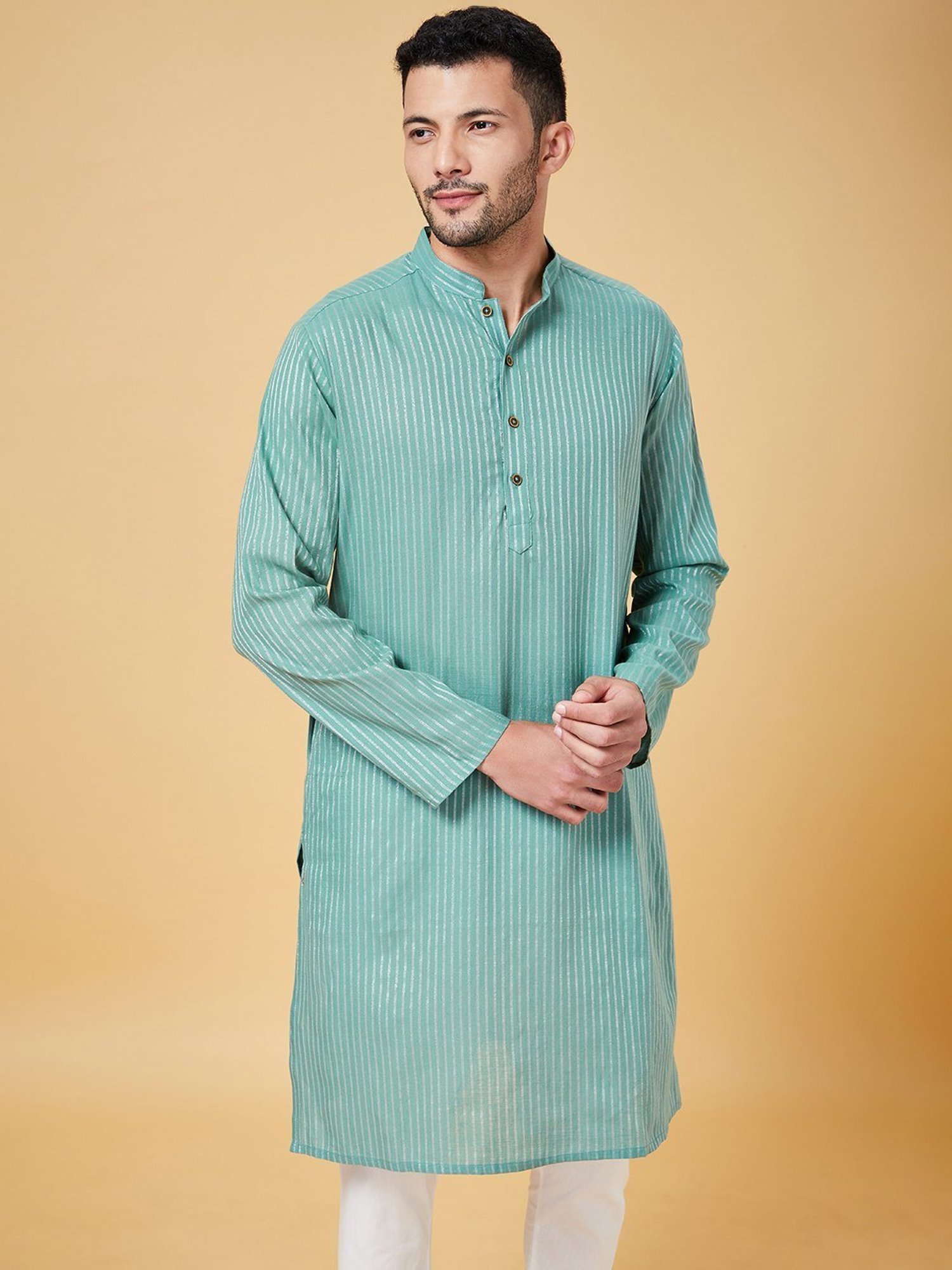 Indus Route By Pantaloons Sea Green Cotton Regular Fit Striped Kurta