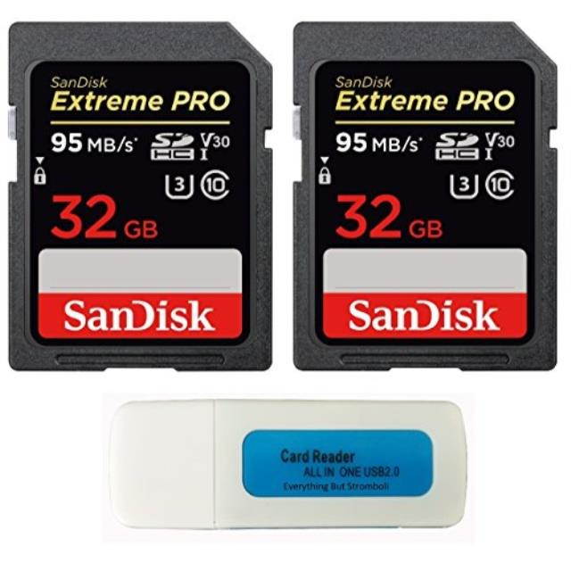 sandisk 32gb two pack extreme pro memory card for nikon d3400, d3300, d750, d5500, d5300, d500, aw130, w100, l840 digital dslr camera sdhc 4k v30 uhsi with everything but stromboli combo reader