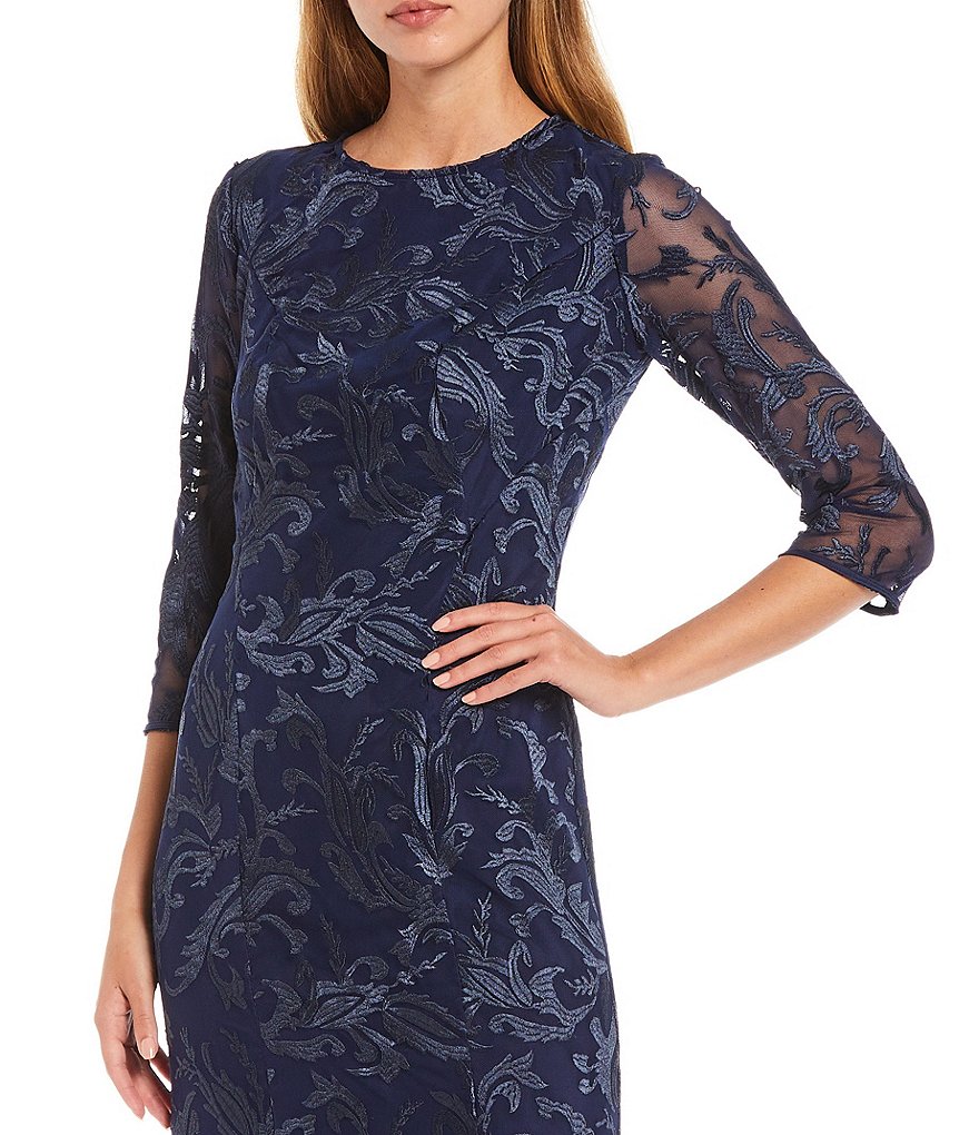 JS Collections Cecily Illusion Lace Jewel Neck 3/4 Sleeve Midi Sheath Dress