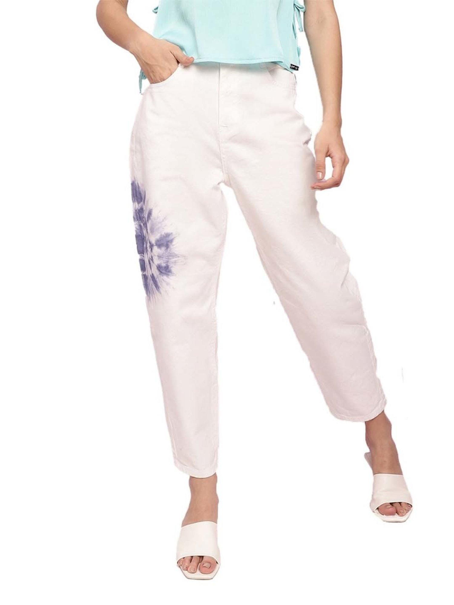 KENDALL + KYLIE White Cotton Printed Mid Rise Jeans