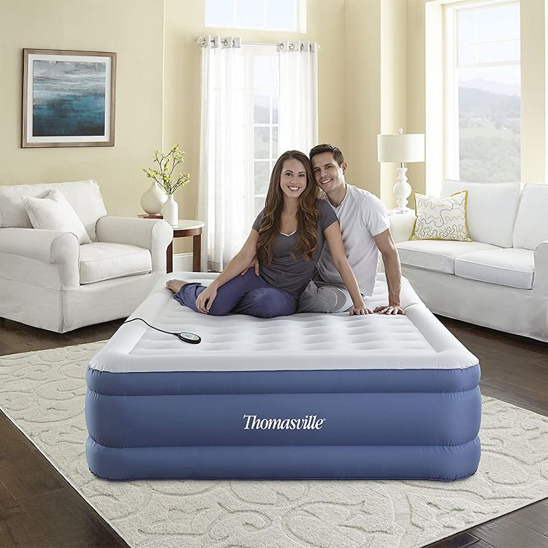 Thomasville Duratex Puncture Resistant Flocked Pillow Top Elevated Inflatable Air Mattress with Internal Air Pump and Connected Controller, Queen
