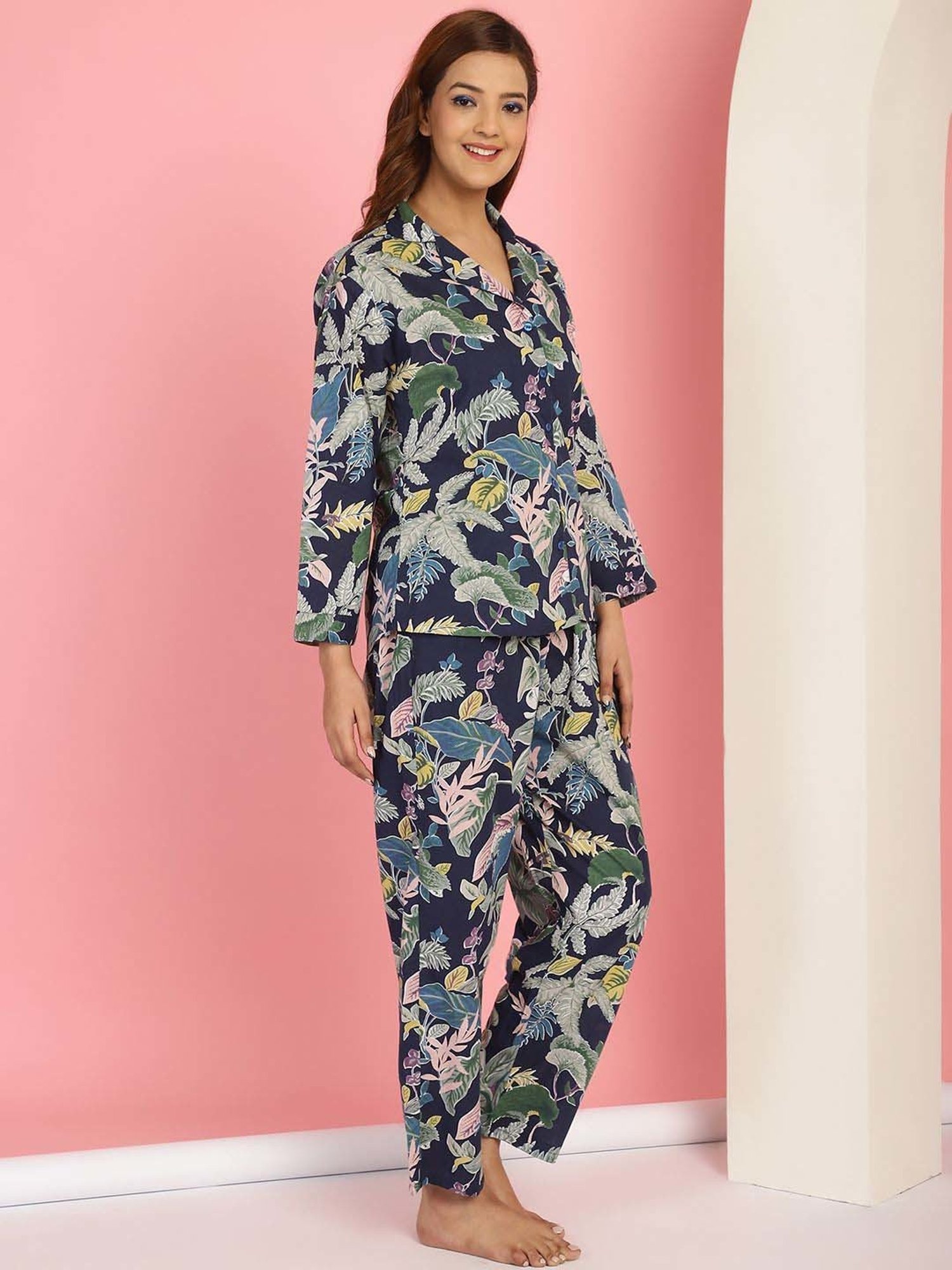 TAG 7 Navy Cotton Printed Shirt Pyjamas Set