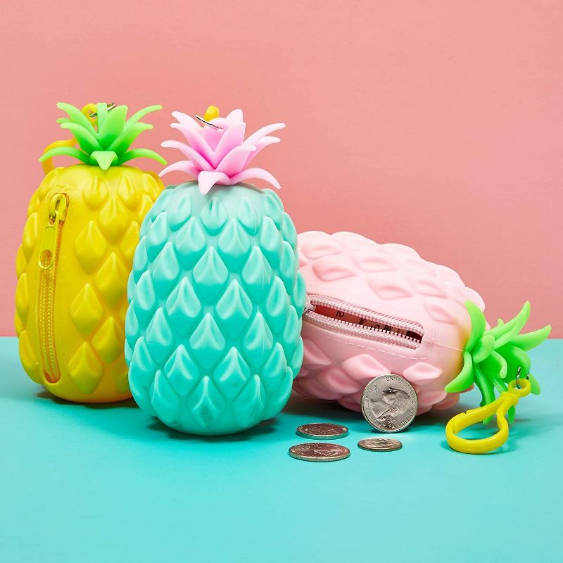 Okuna Outpost 3 Pack Small Zipper Wallet Coin Purse Keychain for Women, Silicone Kawaii Pouches, Pineapple
