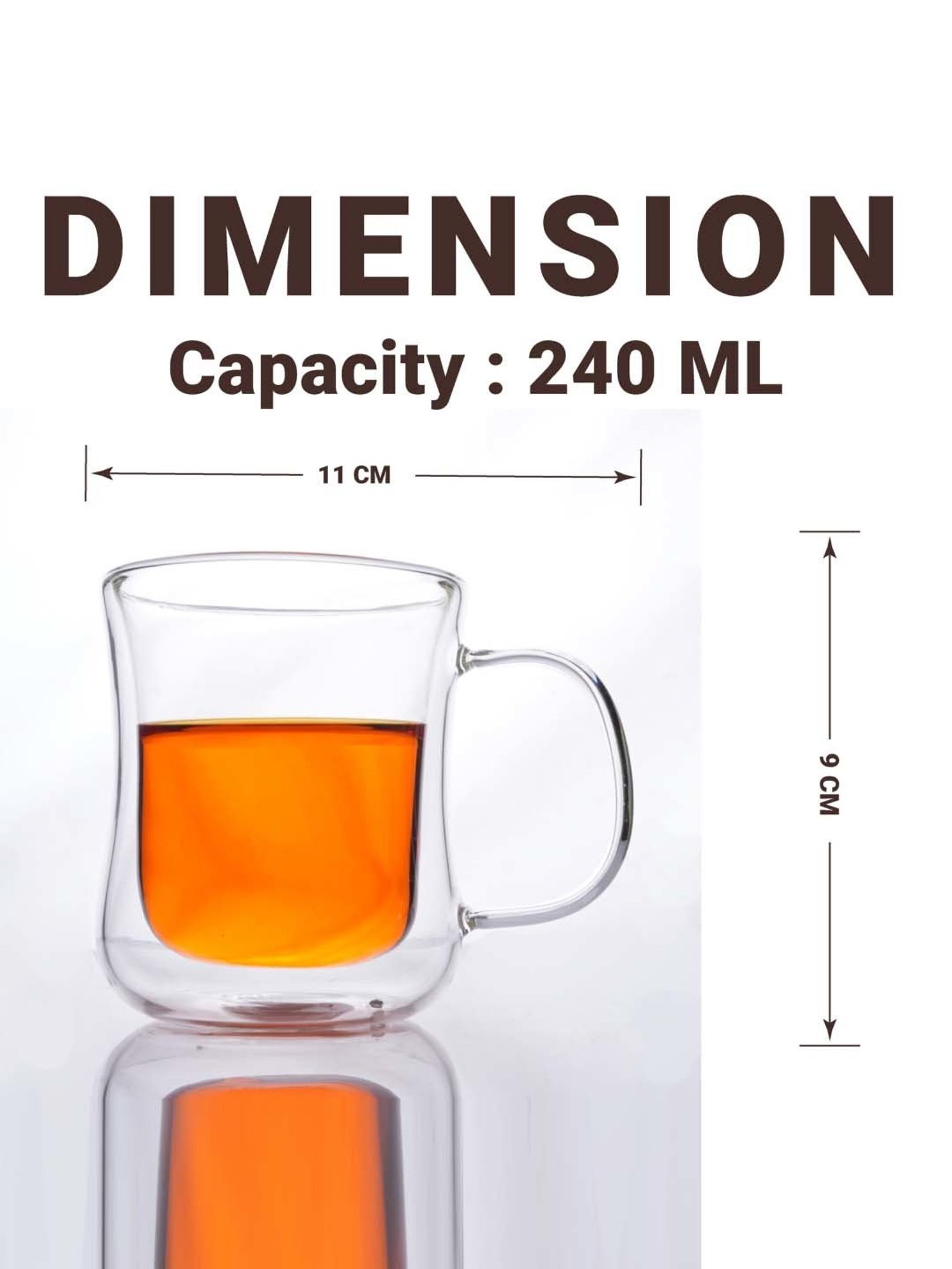 Femora Double Wall Transparent Glass Heat Resistant Coffee Mugs With Handle (0.24 L) - Set of 2