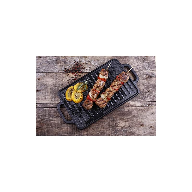 Rectangular Cast Iron Double Burner, Reversible Griddle Grill Seasoned with 100% Kosher Certified Non-GMO Flaxseed Oil, 13 x 8,3 Inch, Black