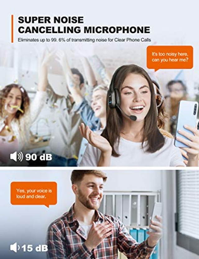 TECKNET Bluetooth Trucker Headset with Microphone Noise Canceling Wireless On Ear Headphones, Hands Free Telephone Headset for Cell Phone Computer Office Home Call Center Skype (Black)