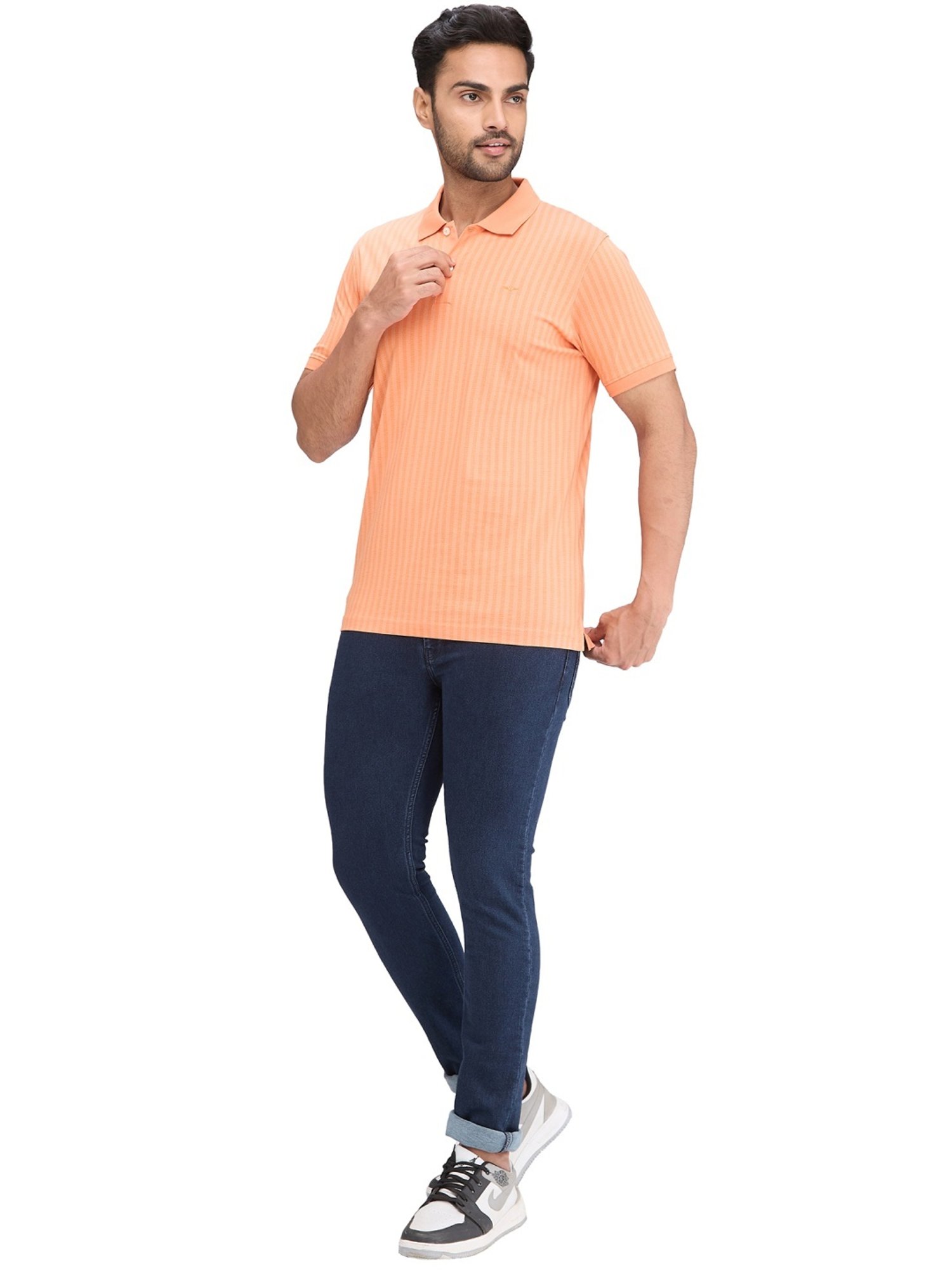 Park Avenue Orange Slim Fit Striped Polo T-Shirt