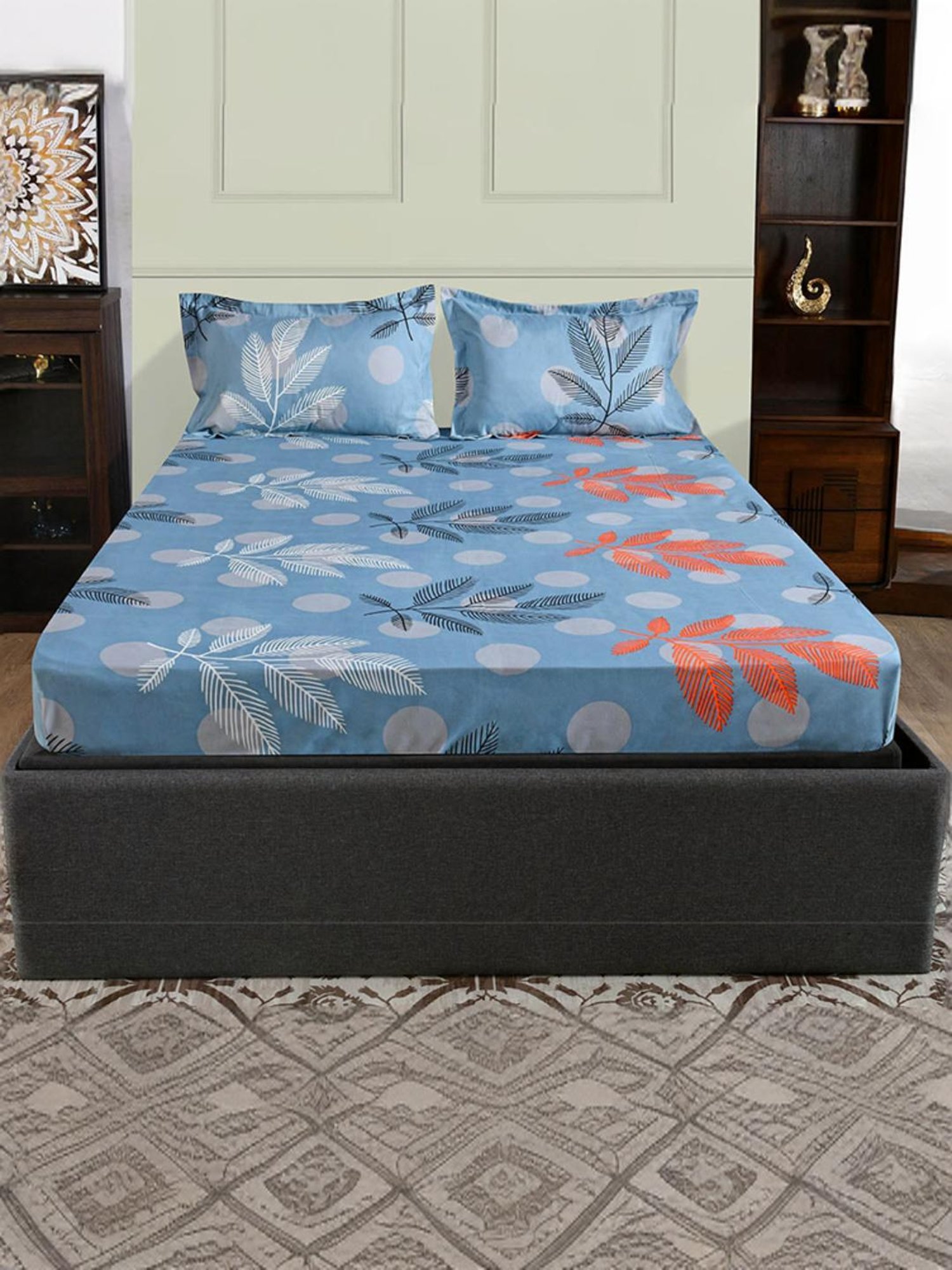 @Home Ammara Blue & Grey 90 GSM Polyester Double Bedsheet with 2 Pillow Covers