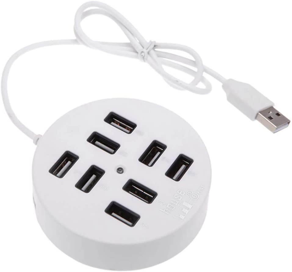 USB 8 Ports Box Multi Data Transmission USB 2.0 Hub Round Shape Multi-Port Splitter Charger Adapter Replacement with LED for USB Devices, Phone, USB Flash Disk, PC, Tablet (White)