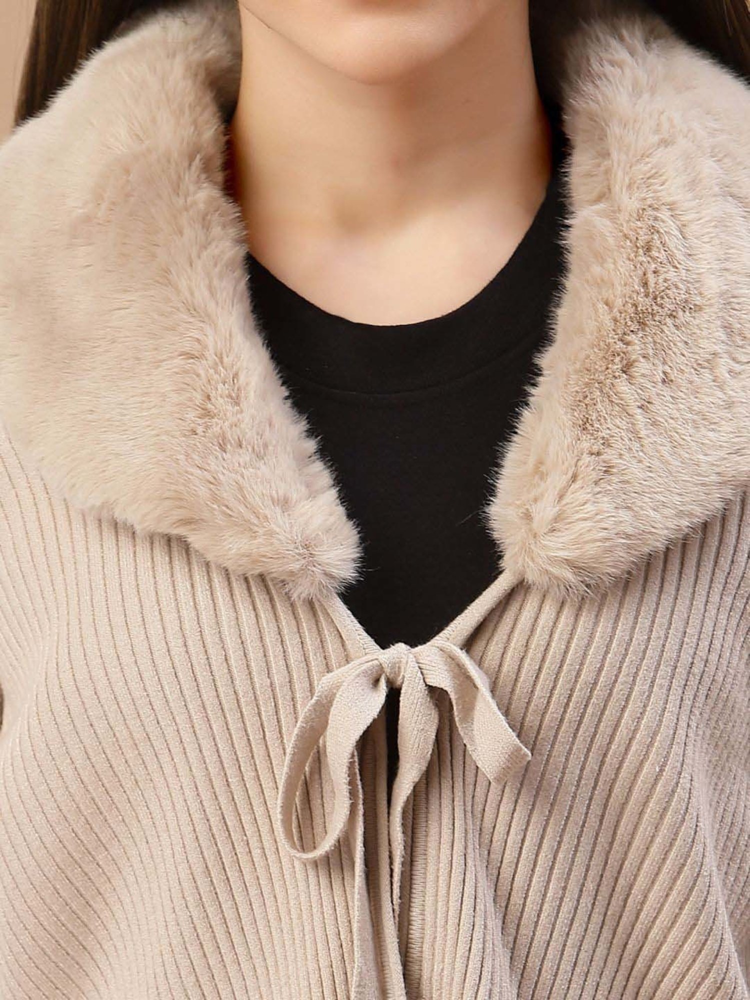 Mafadeny Beige Plain Cropped Cardigan