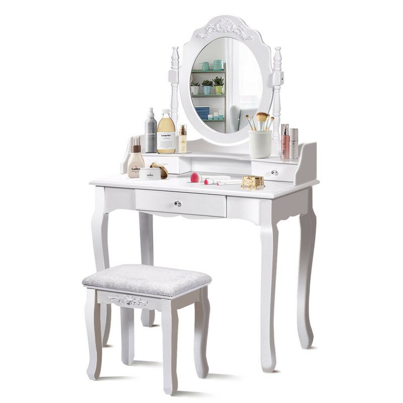 Costway White Vanity Wood Makeup Dressing Table Stool 3 Drawer