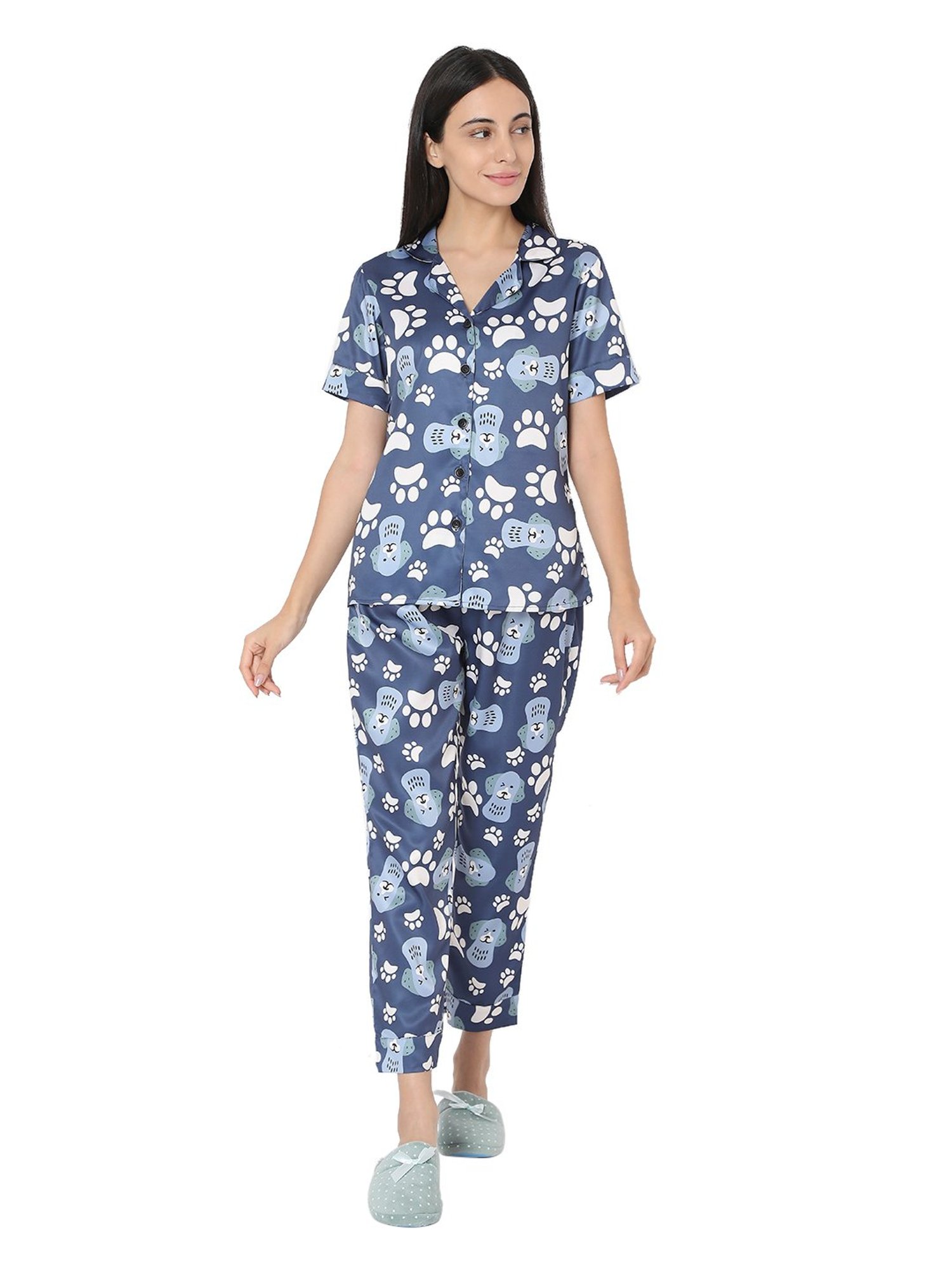 Smarty Pants Blue Satin Animal Print Shirt With Pyjamas