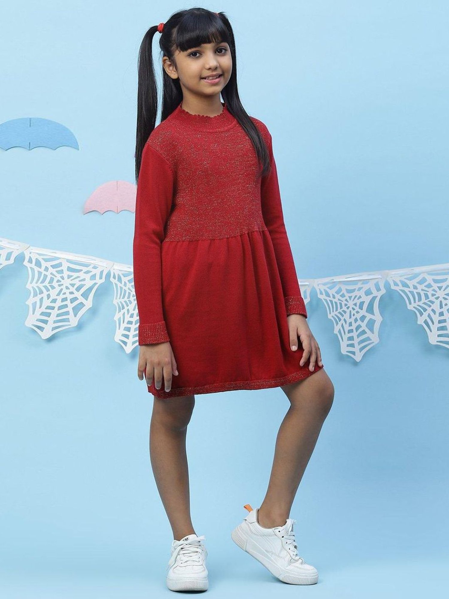 BIBA Girls Cherry Red Cotton Self Pattern Dress