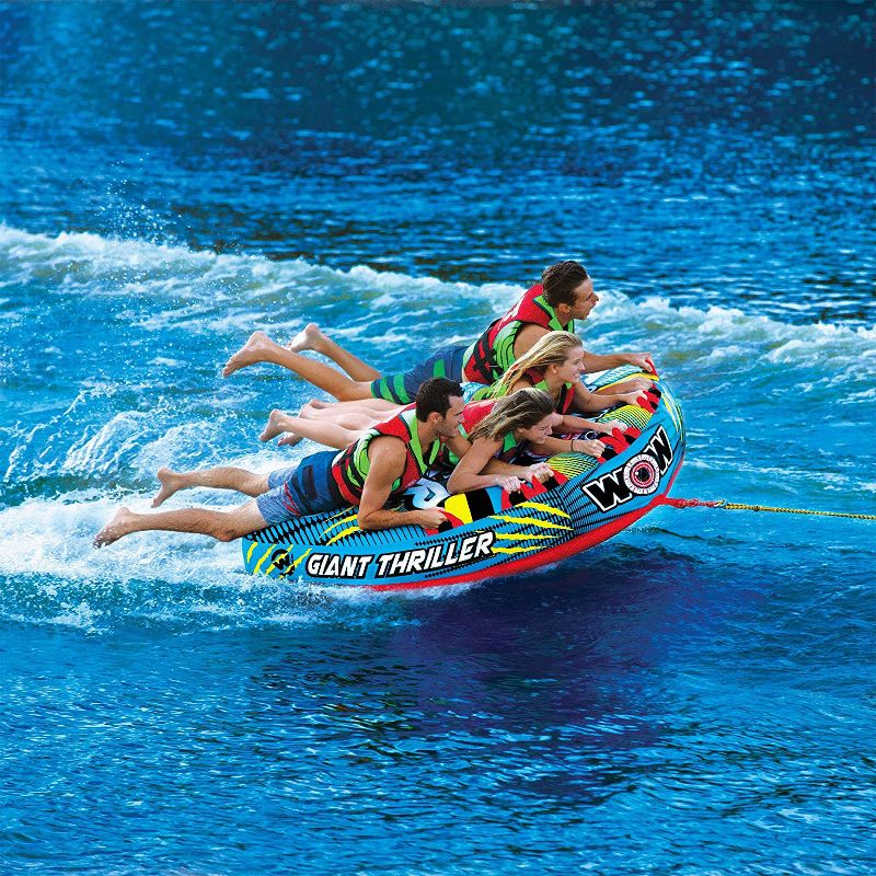WOW Watersports Giant Thriller Inflatable 4-Person Towable Boating Deck Tube with Nylon Cover and Speed Valve