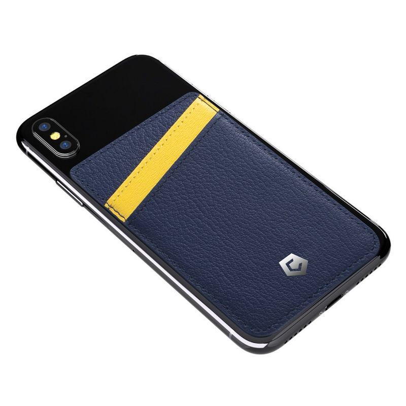 Cobble Pro [Genuine Leather] Stick-On Leather Card Holder Wallet Card Holder for Back of Phone, Navy/Yellow