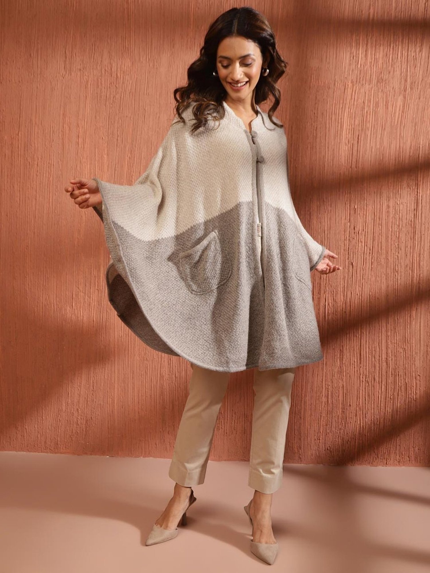 Fabindia Beige & Grey Self Pattern Shrug