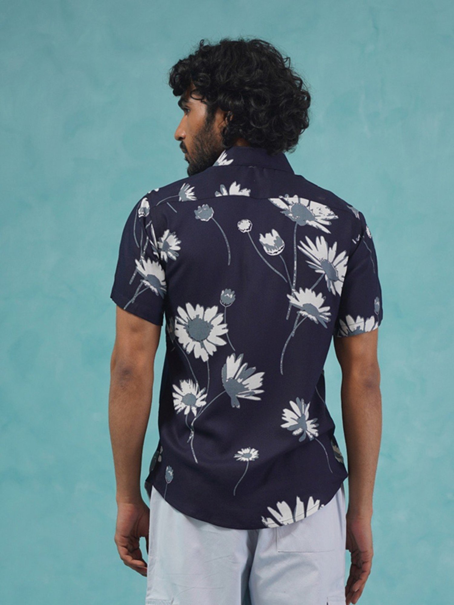 Indian Needle Navy Blue Regular Fit Printed Shirt