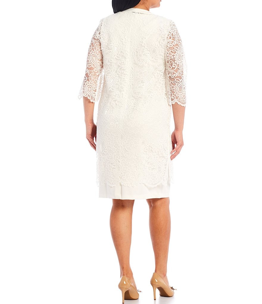 Le Bos Plus Size Round Neck 3/4 Sleeve Stretch Knit Lace Sheath 2-Piece Jacket Dress
