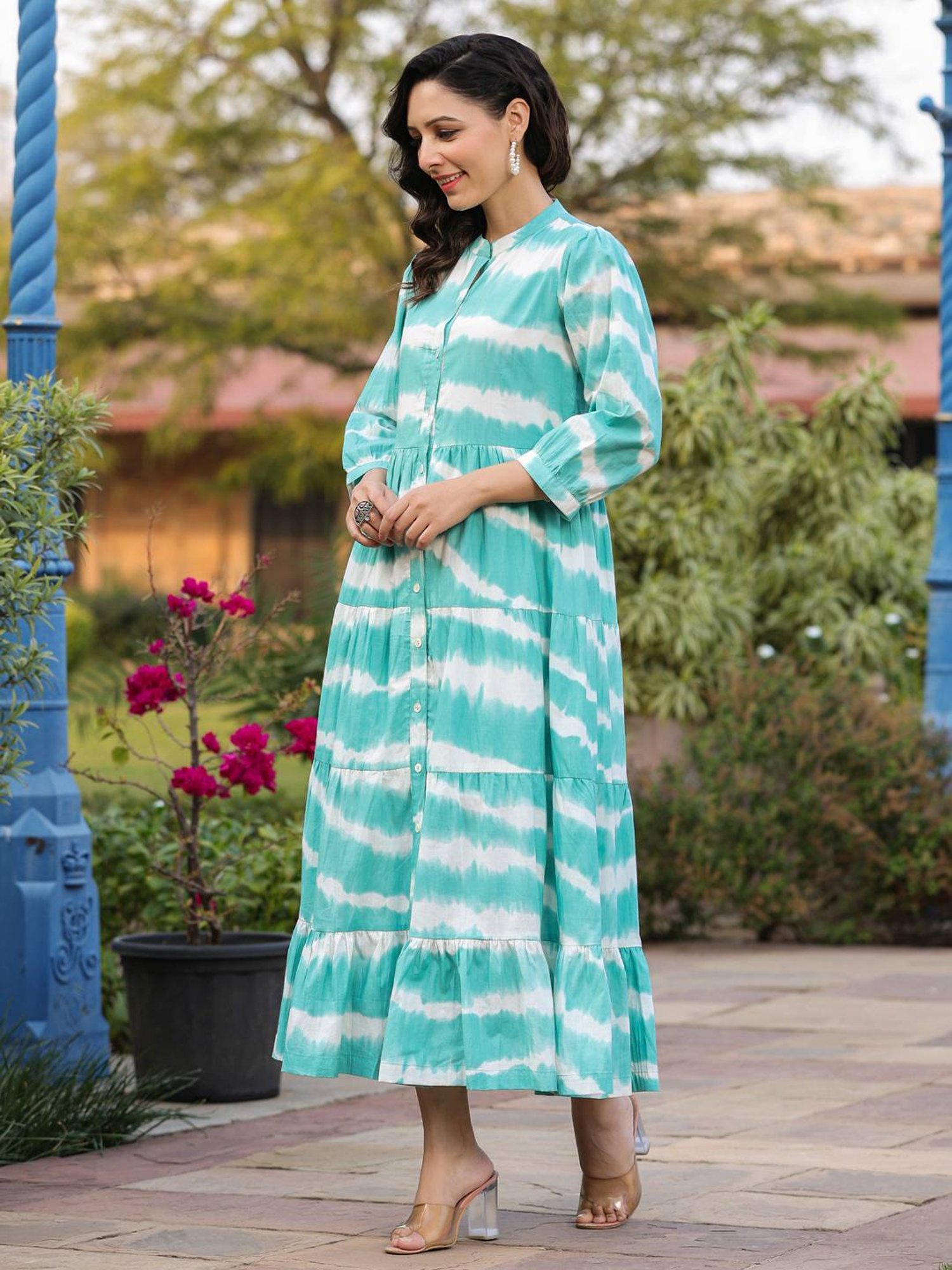 Rain and Rainbow Blue Cotton Tie & Dye A-Line Dress