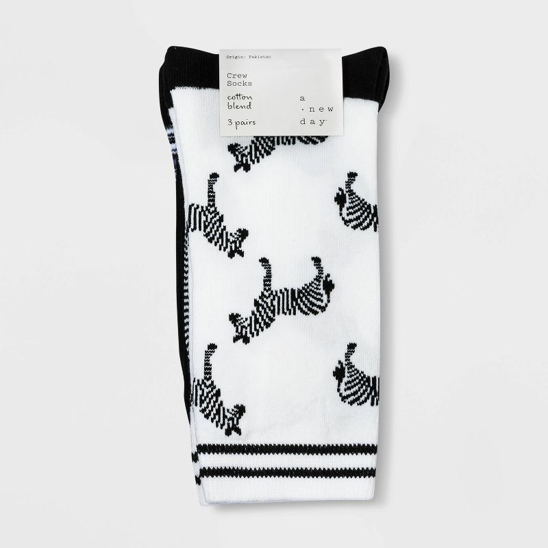 Women's Zebras 3pk Crew Socks - A New Day™ White/Black 4-10