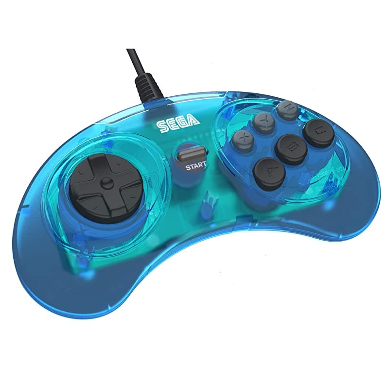 Official Sega Genesis USB Controller 6-Button Arcade Pad for Sega Genesis Mini, PS3, PC, Mac, Steam, Switch - USB Port - (Clear Blue)