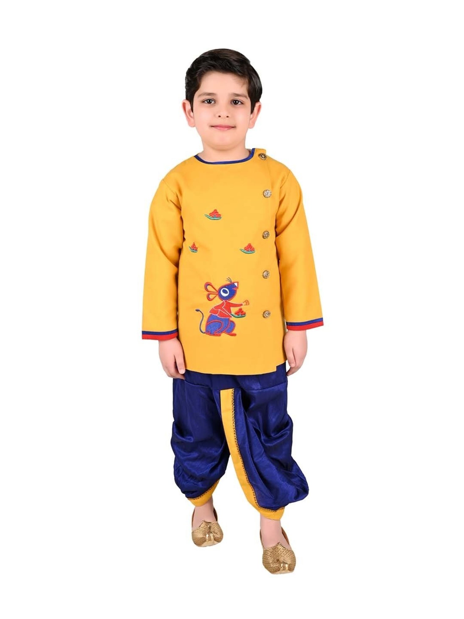 Ahhaaaa Kids Yellow & Blue Cotton Embroidered Kurta Set