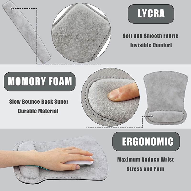 Ergonomic PU Leather Keyboard Wrist Rest Pad and Mouse Wrist Rest Support Mouse Pad Set,Durable & Comfortable & Lightweight for Easy Typing & Pain Relief (Gray White)