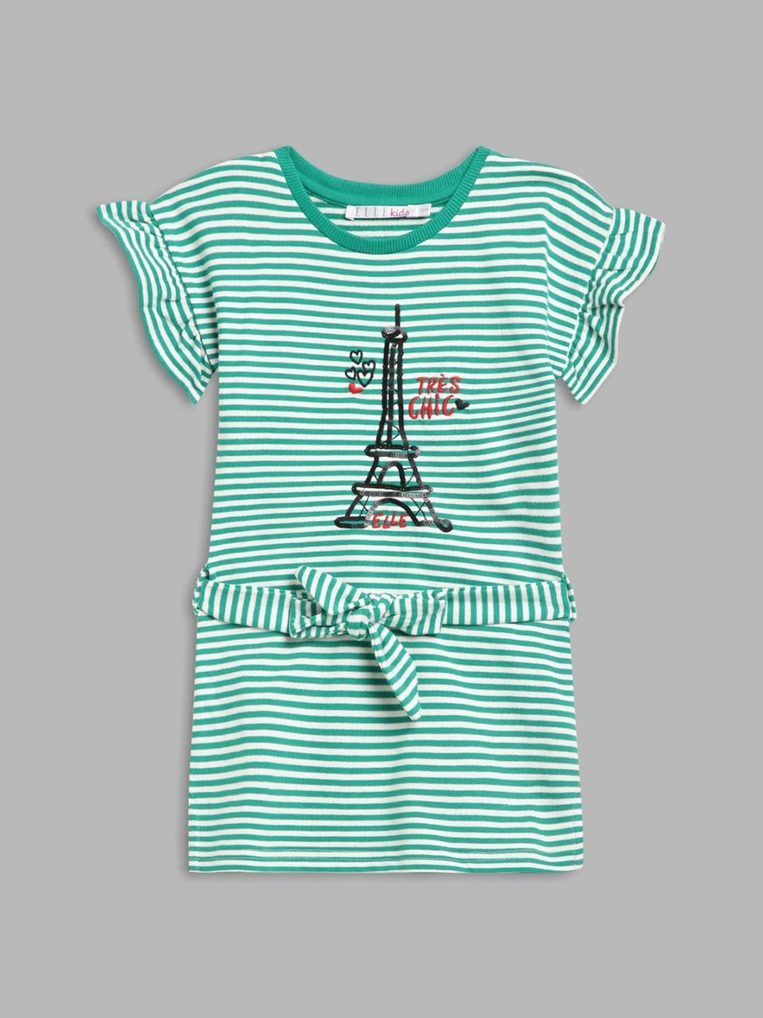 Elle Kids Green & White Cotton Striped Dress