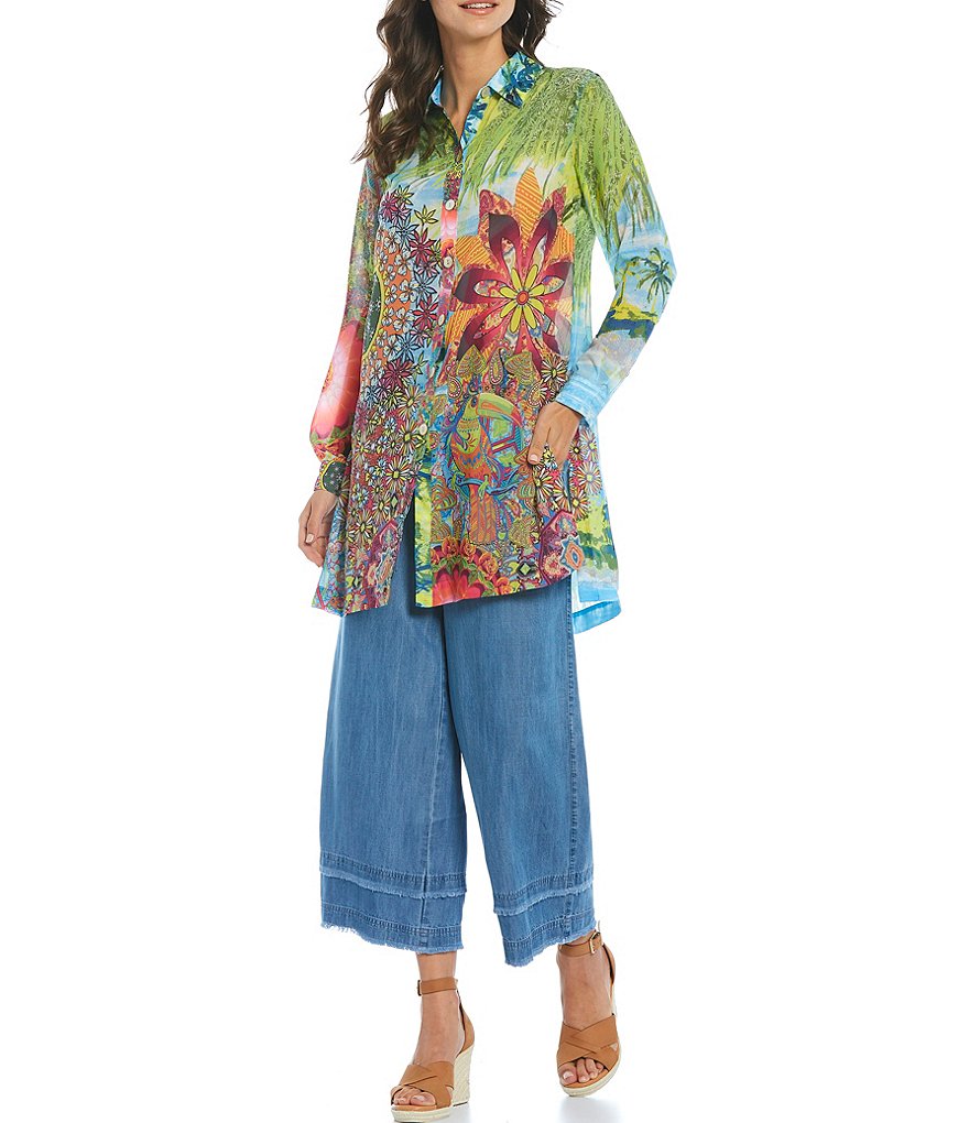 John Mark Tropical Print Button Front Long Tunic