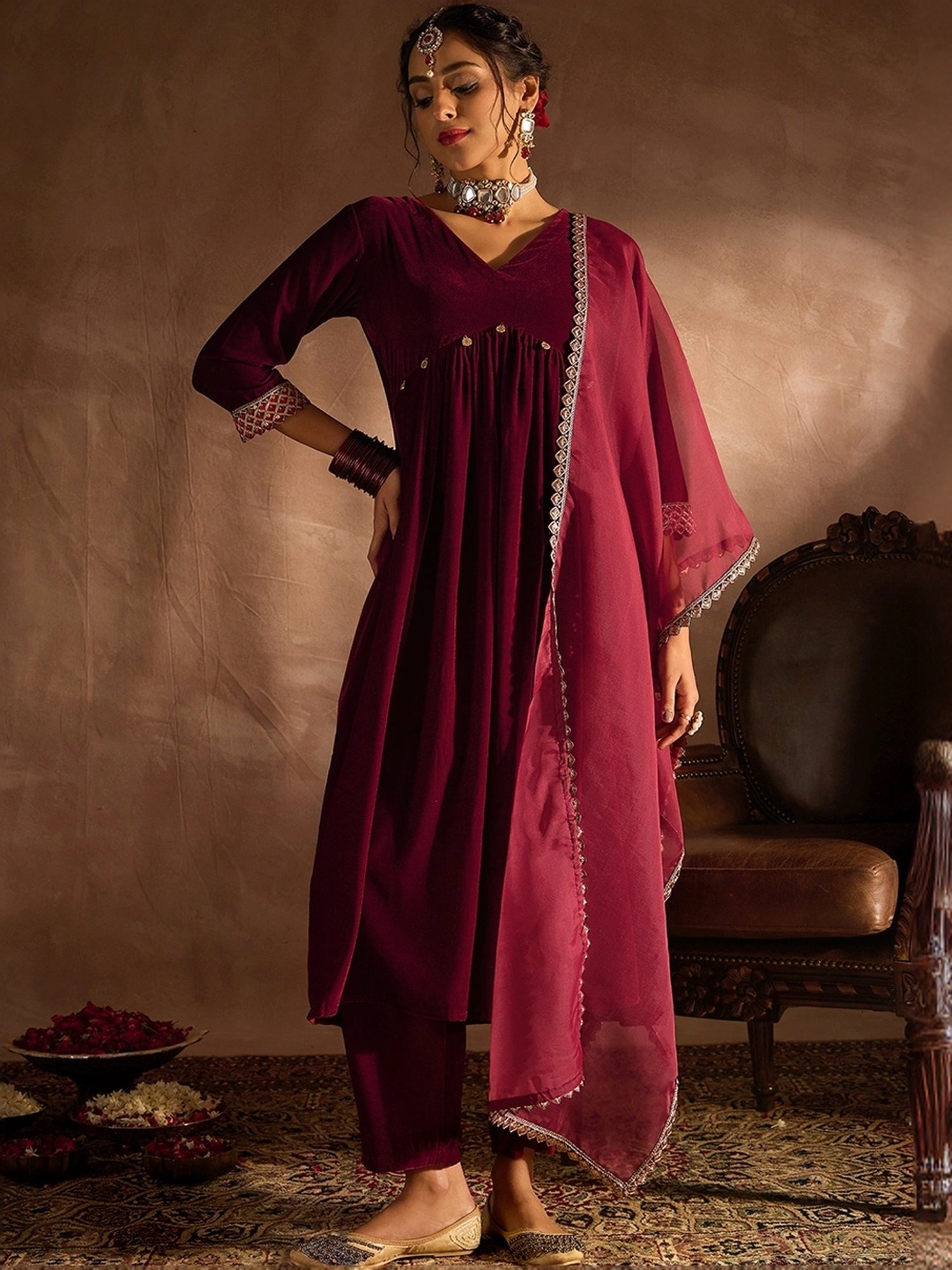 Indo Era Maroon Embellished Kurta Pant Set With Dupatta