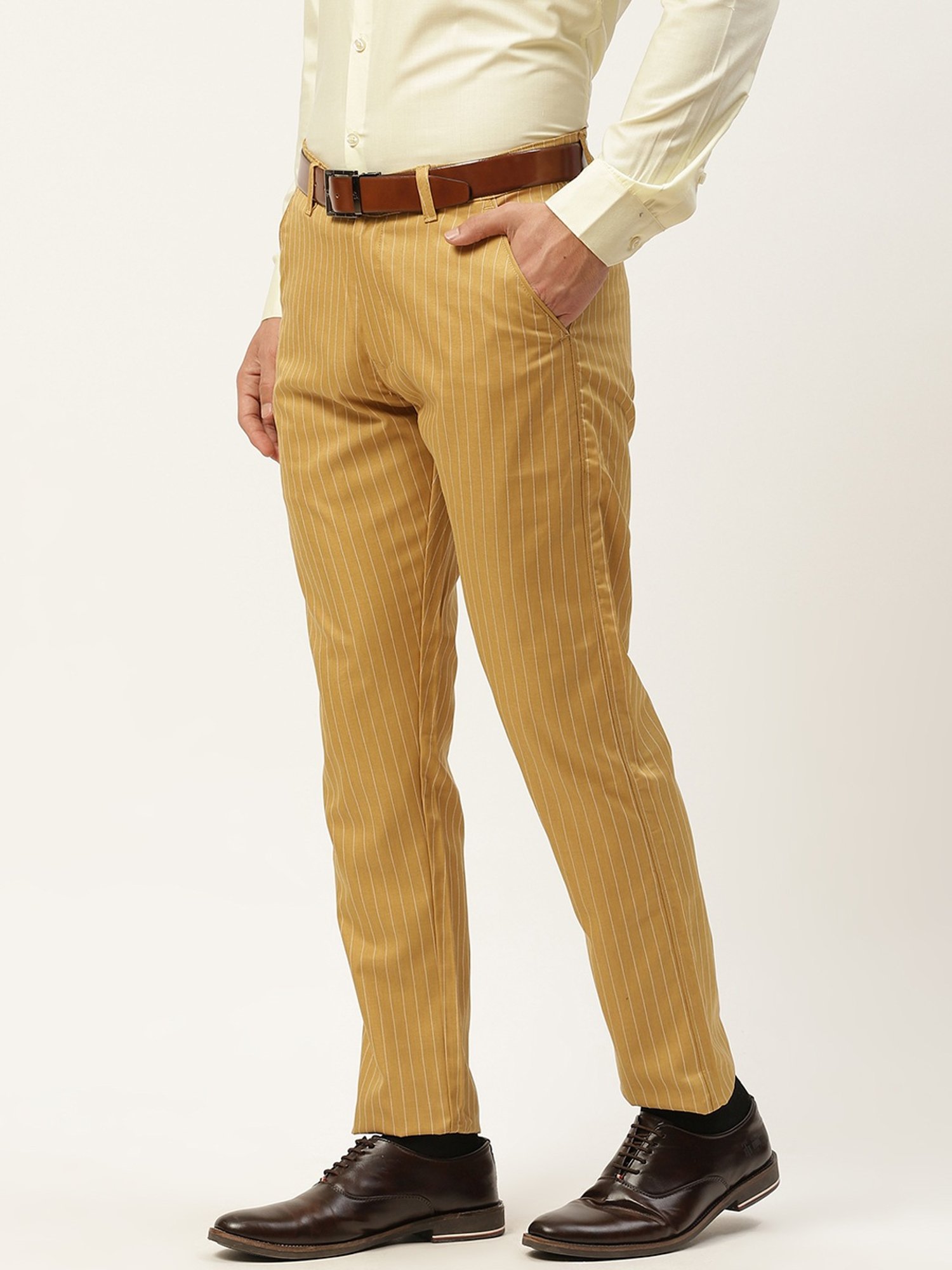 Sojanya Gold Cotton Regular Slim Fit Striped Flat Front Trousers