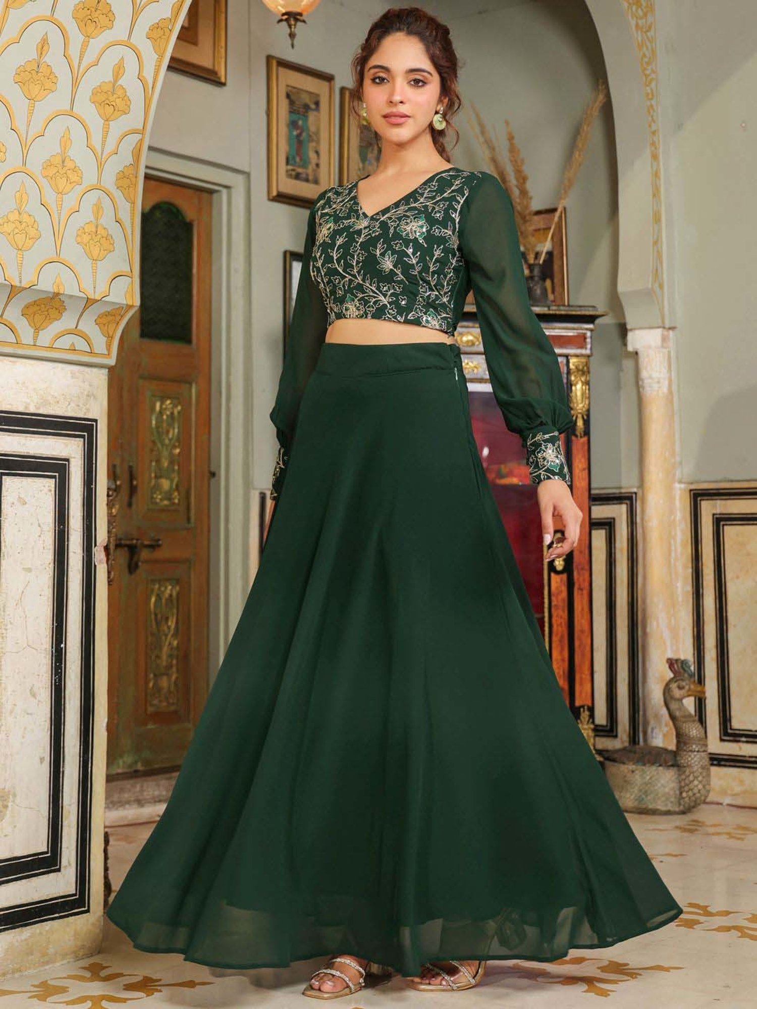 Janasya Green Embroidered Crop Top Skirt Set