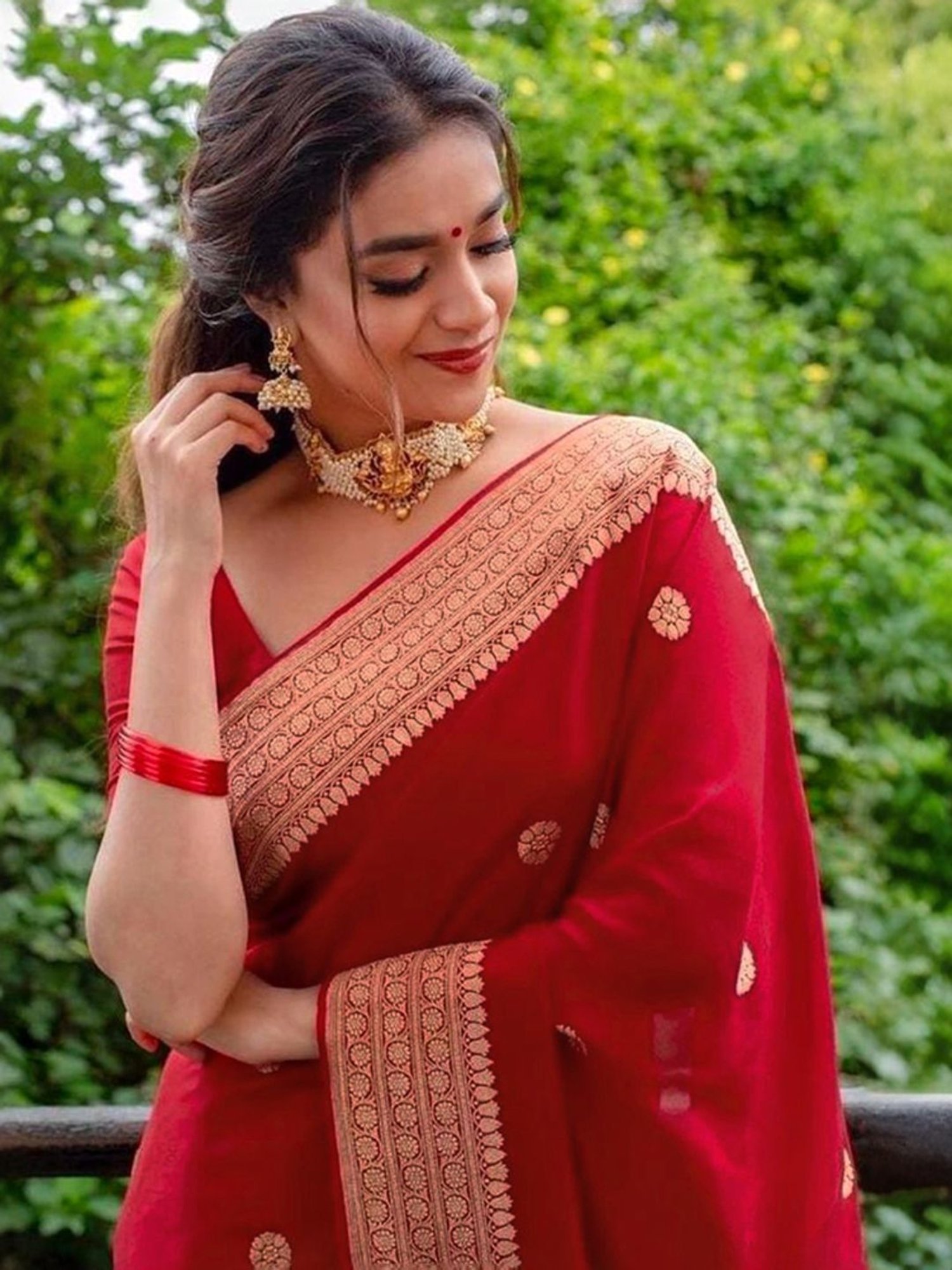 Satrani Red & Golden Silk Woven Saree With Unstitched Blouse