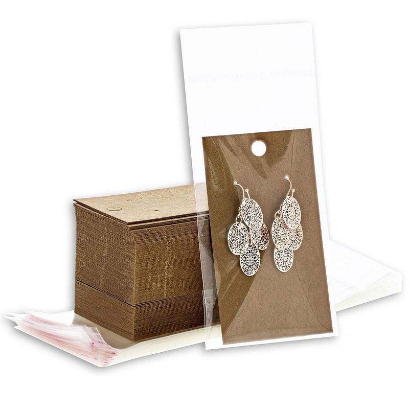 Bright Creations 200 Pack Kraft Earring Display Card Holders and Self Seal Bags