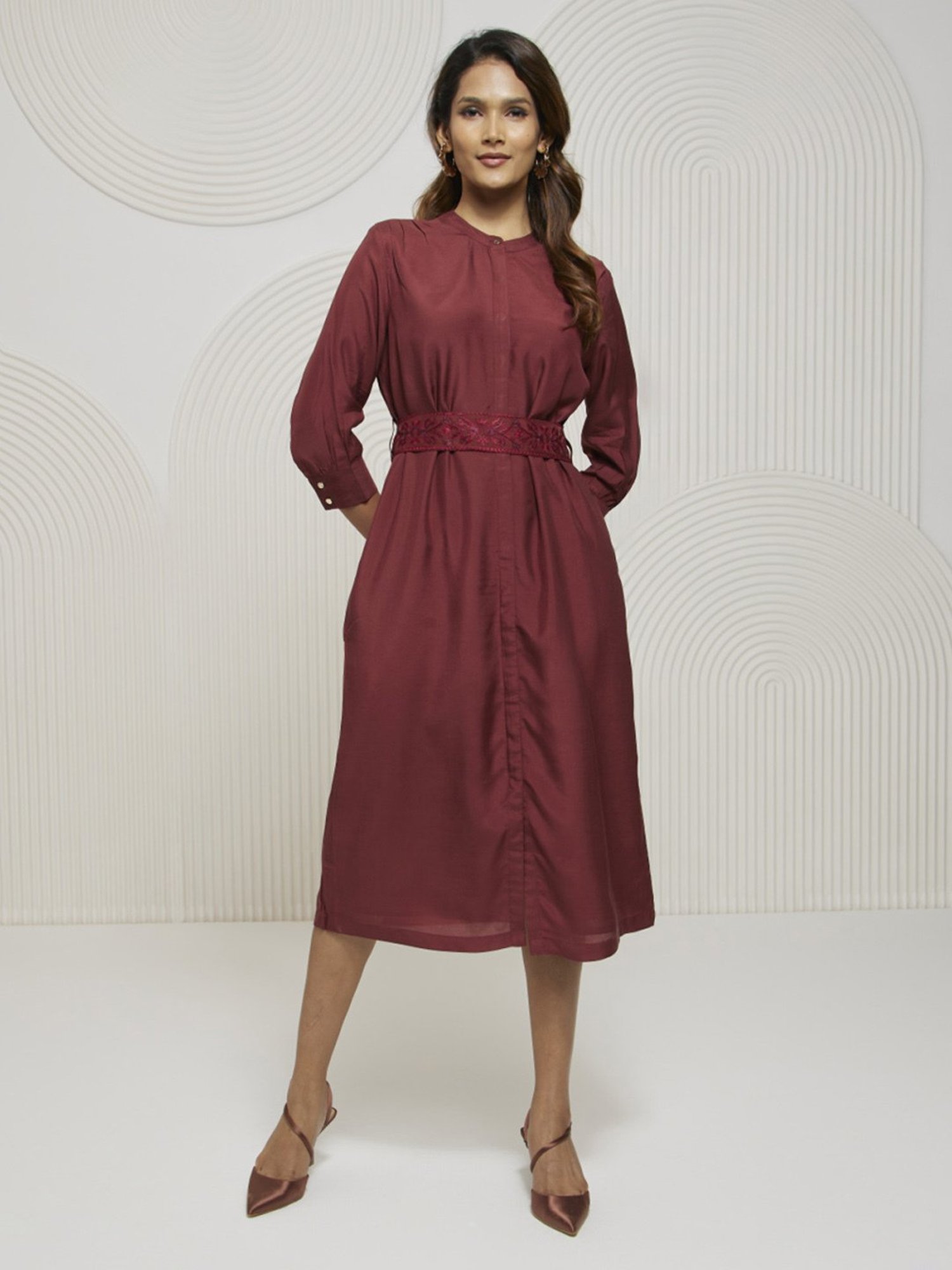 Artagai Tawny Port Shift Dress with Embroidered Belt
