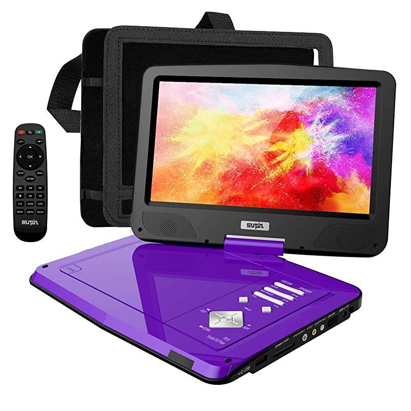 Portable DVD Player 12.5" with HD Swivel Screen,Long Lasting Battery, Support USB/SD Card/Sync TV and Multiple Disc Formats, with Car Charger &Power Adaptor & Car Headrest Mount Case, Purple