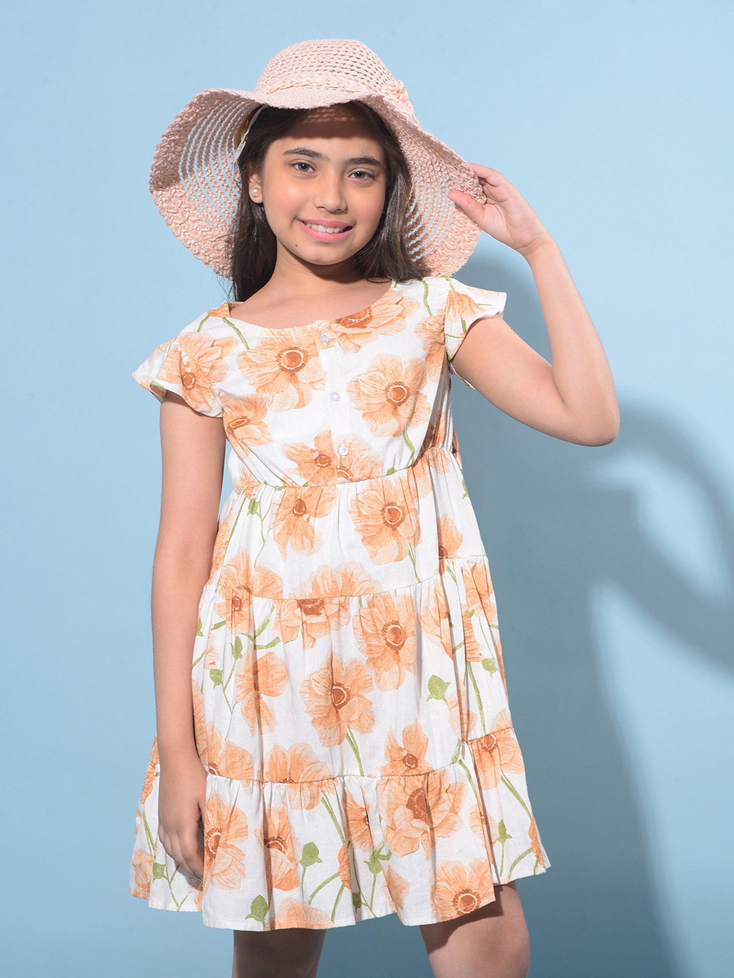 Crimsoune Club Kids Peach & White Floral Print A-Line Dress