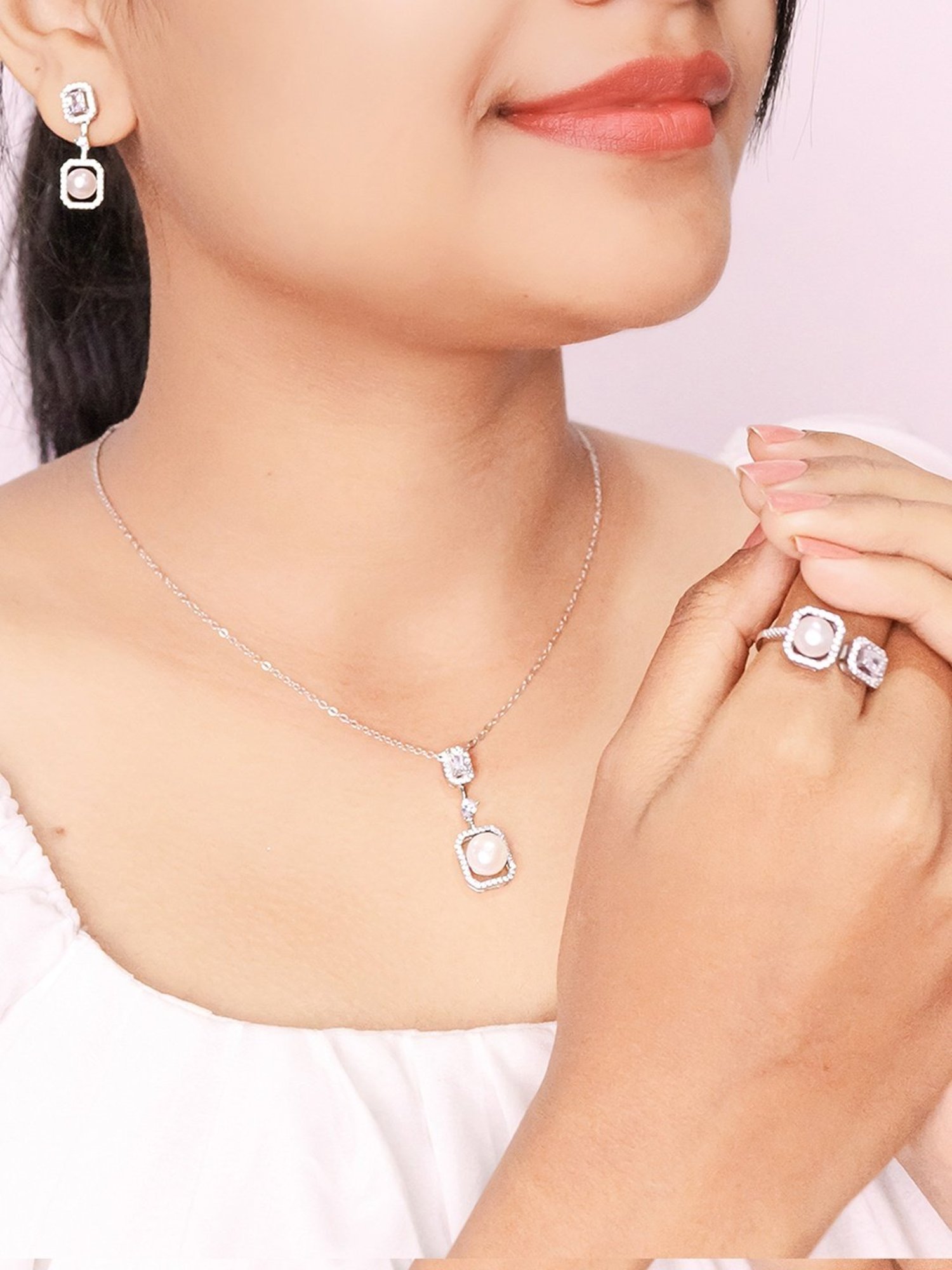 Silberry 92.5 Sterling Silver Precious Pearl Set