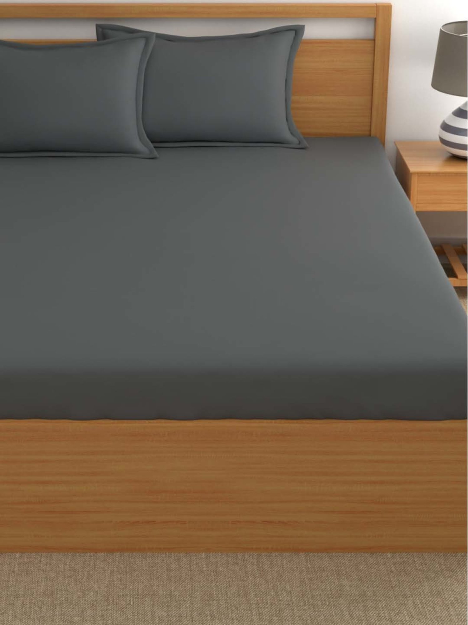 Dreamscape Dark Grey Cotton 400 TC King Bedsheet with 2 Pillow Covers