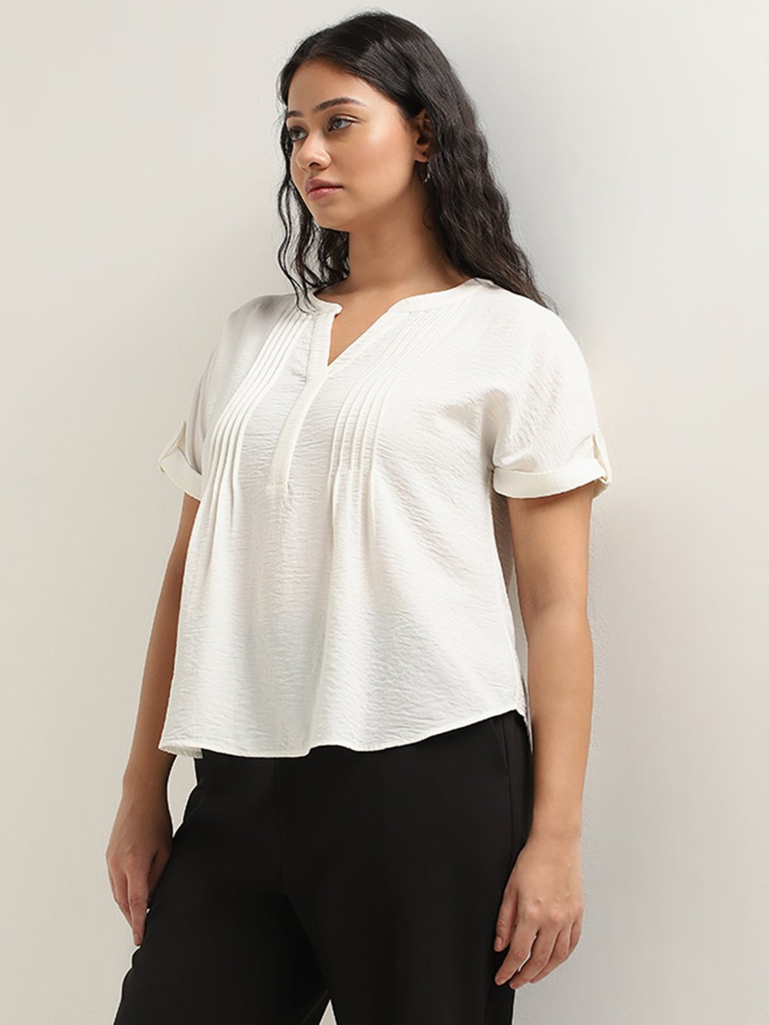 Gia by Westside White Pintuck Detailed Blouse