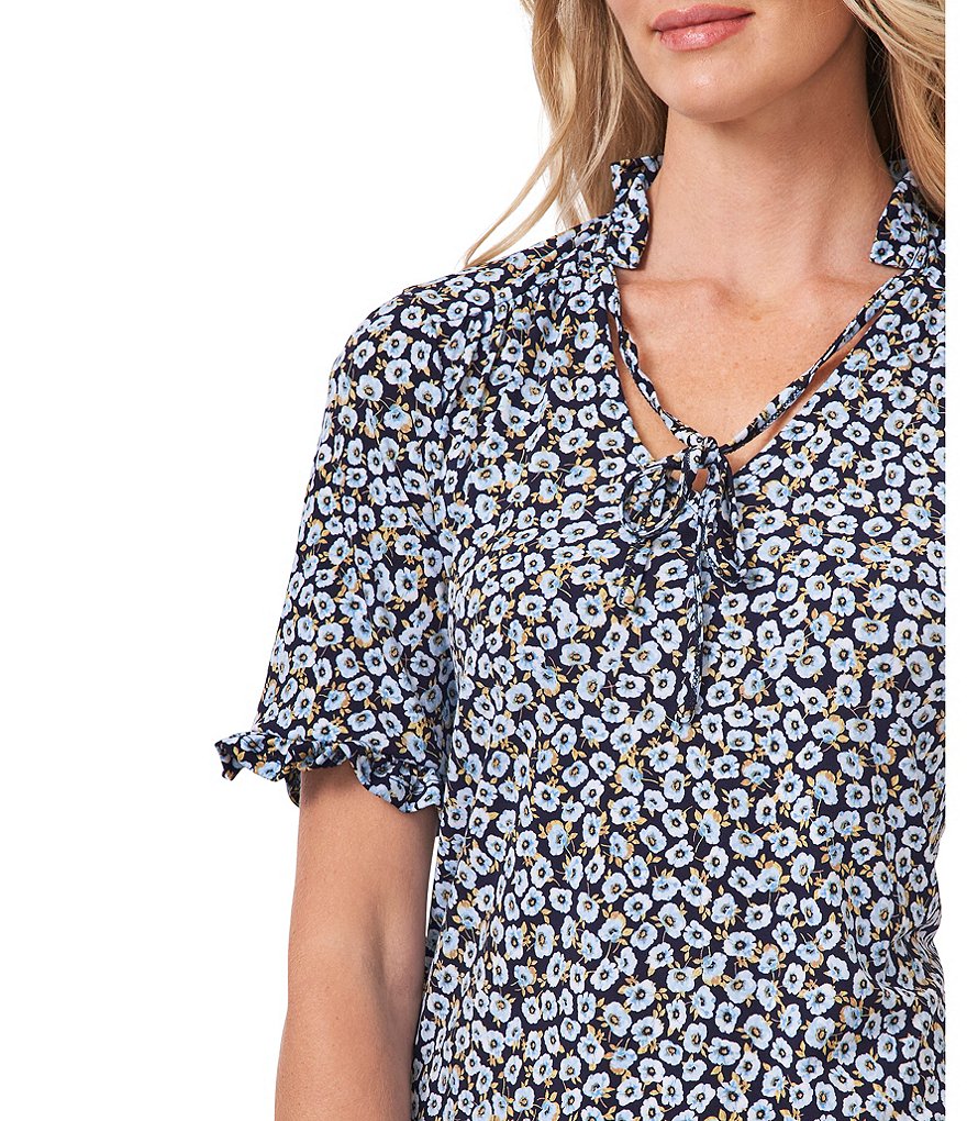 CeCe Short Sleeve Ditsy Floral Ruffle Tie Neck Knit Top
