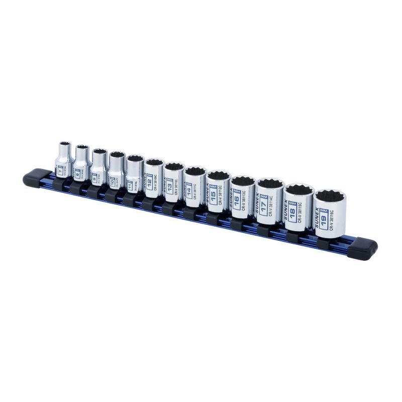 Sunex 38101C 13 Pc 3/8 in. Drive Standard Socket Set - MM 12 Pt Rail