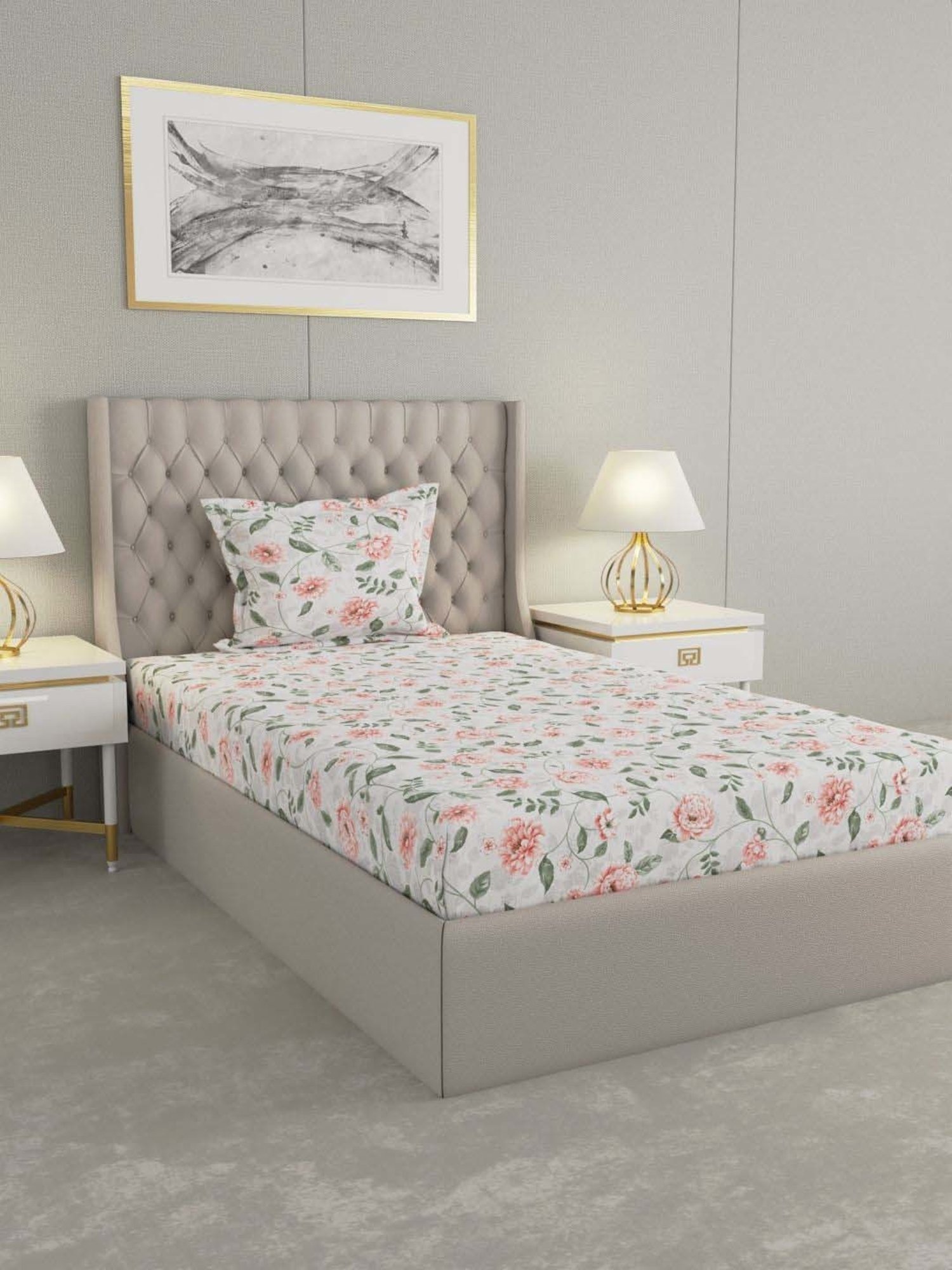 Raymond Home Delight White & Pink 104 TC Cotton Single Bedsheet with 1 Pillow Cover