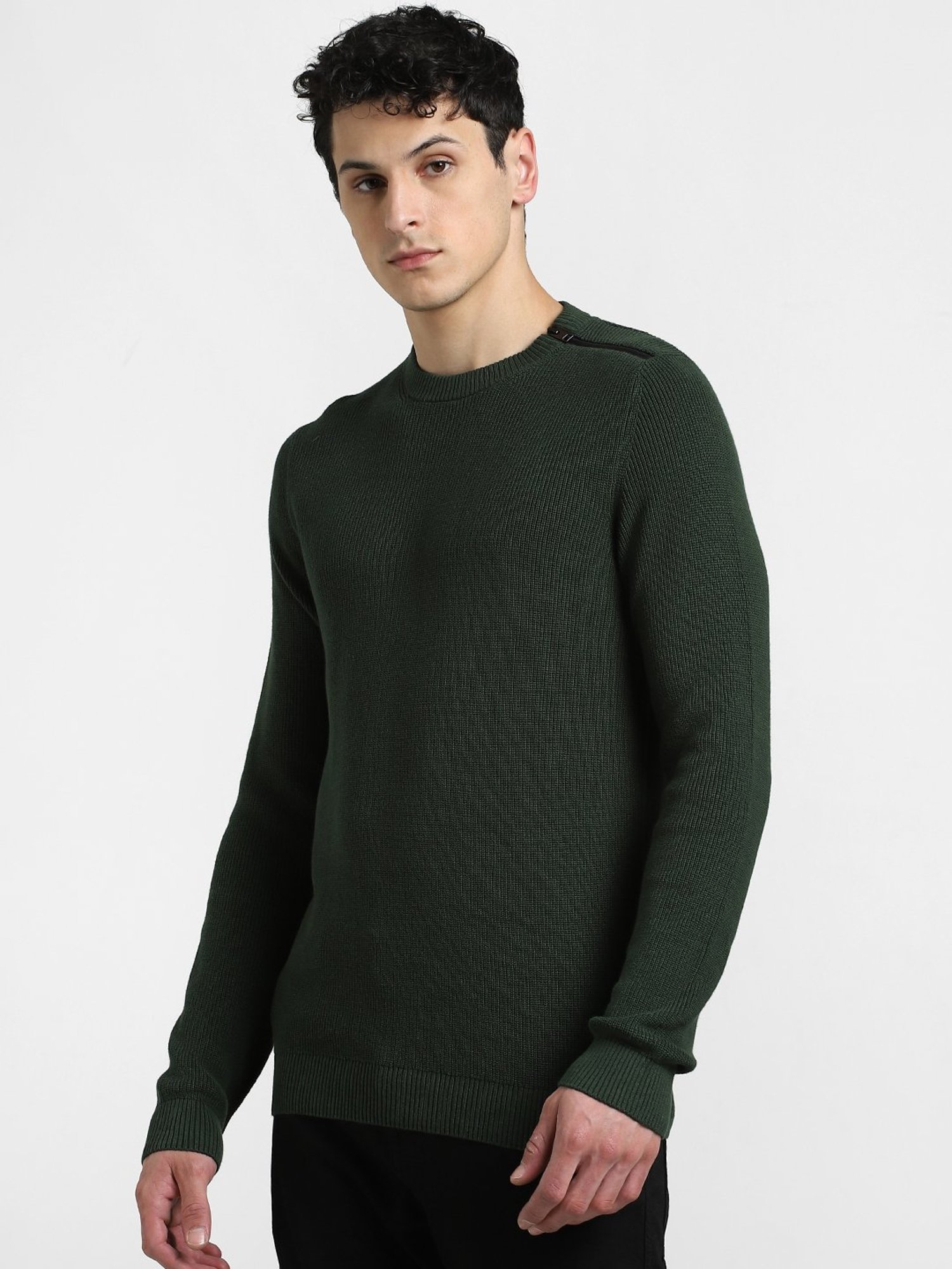 Jack & Jones Dark Green Slim Fit Textured Cotton Sweater