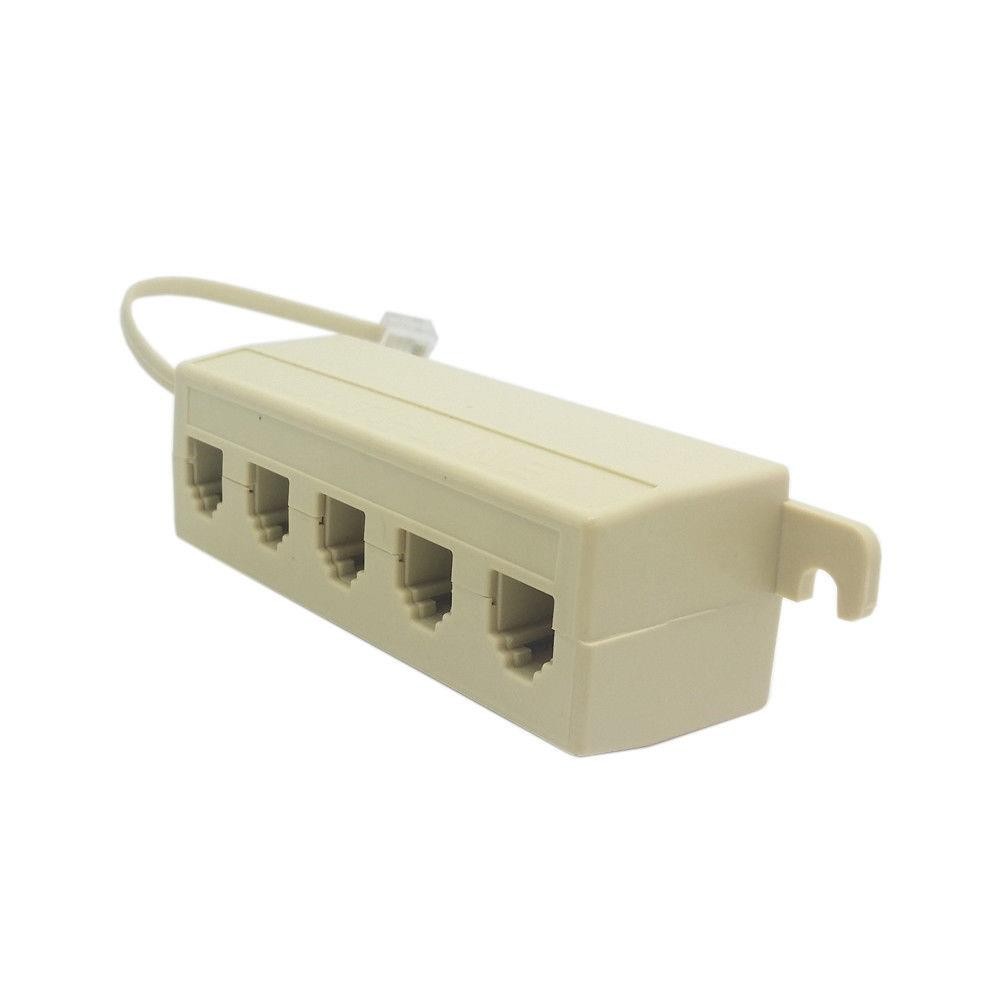 5 Way Outlet 6P4C RJ11 RJ12 Phone Modular Jack Cable 1-to-5 Splitter Adapter Beige