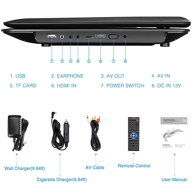 16" Portable DVD Player with HDMI Input Carrying Bag Rechargeable Battery Support 1080P MP4 USB Sync Screen Region Free