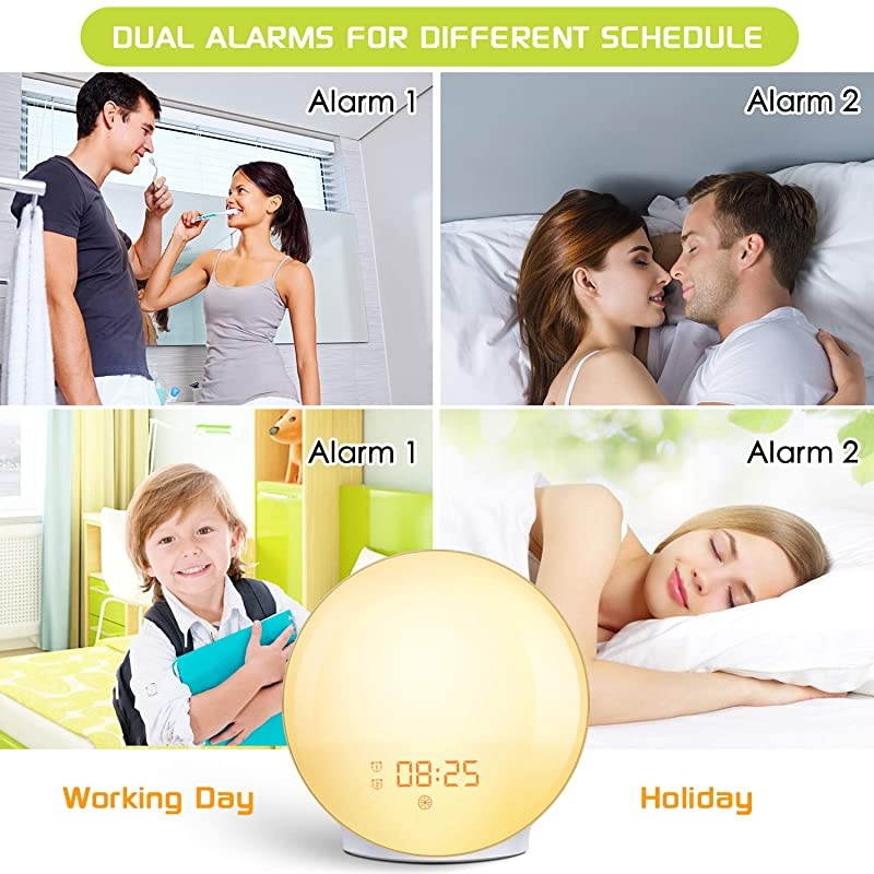 Up Light Sunrise Alarm Clock, 7 Colors Bedside Night Light with Sunrise/Sunset Simulation, Dual Alarms, Snooze Function, FM Radio Clock & 7 Natural Sounds, Ideal Gift for Kids/Adults