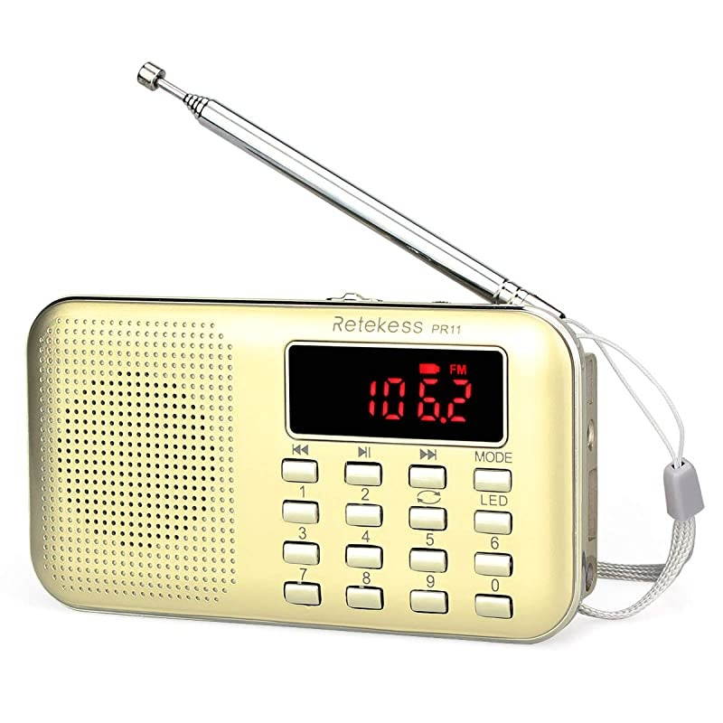 PR11 AM FM Radio Portable, Rechargeable Transistor Radios Small with Headphone Jack, MP3 Music Player Speaker Support TF USB AUX Port (Gold)